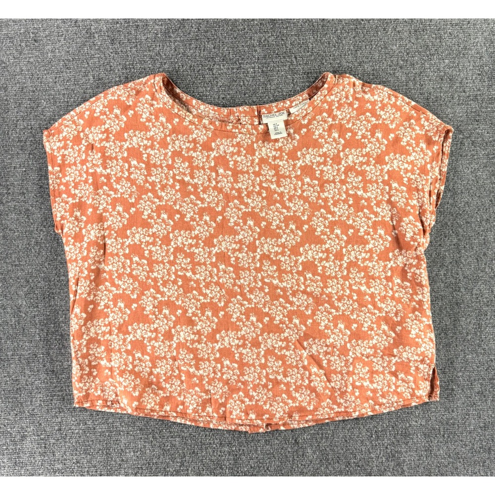 Rachel Zoe Womens Rust Orange Floral 100% Linen Button Back Blouse Top Size S